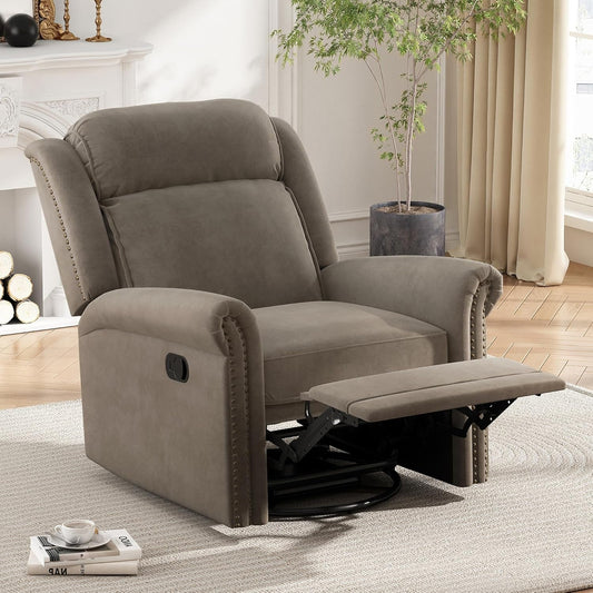 Light Brown Velvet Swivel Rocker Recliner Nailhead-1