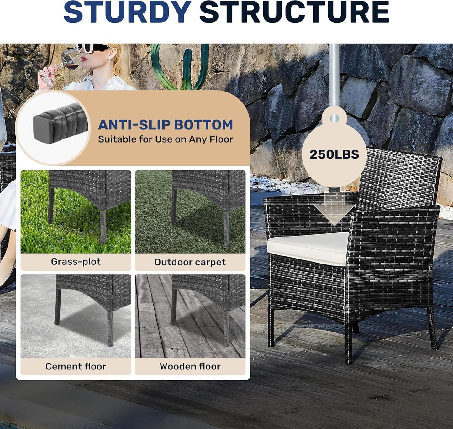 Patio Furniture Set 3 Pieces Outdoor Rattan Wicker Chairs with Soft Cushion and Glass Coffee Table, Waterproof Conversation Bistro Loveseat for Garden Backyard, Balcony, Terrace, Black-4