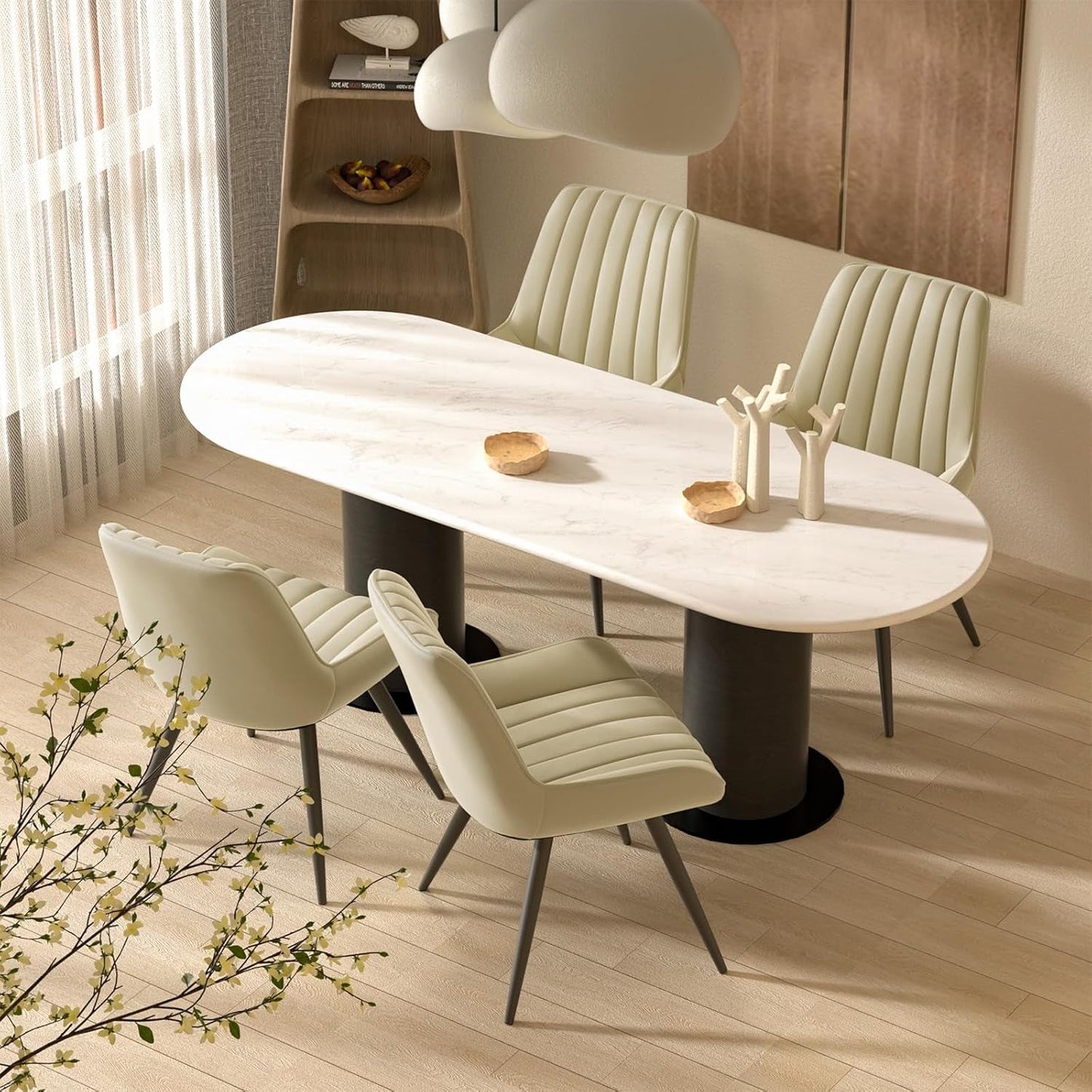 Modern Dining Chairs Set of 4, Comfortable Dining Room Chairs with Thick Cushions, Fabric Upholstered Side Chairs with Metal Legs for Kitchen, Khaki-0