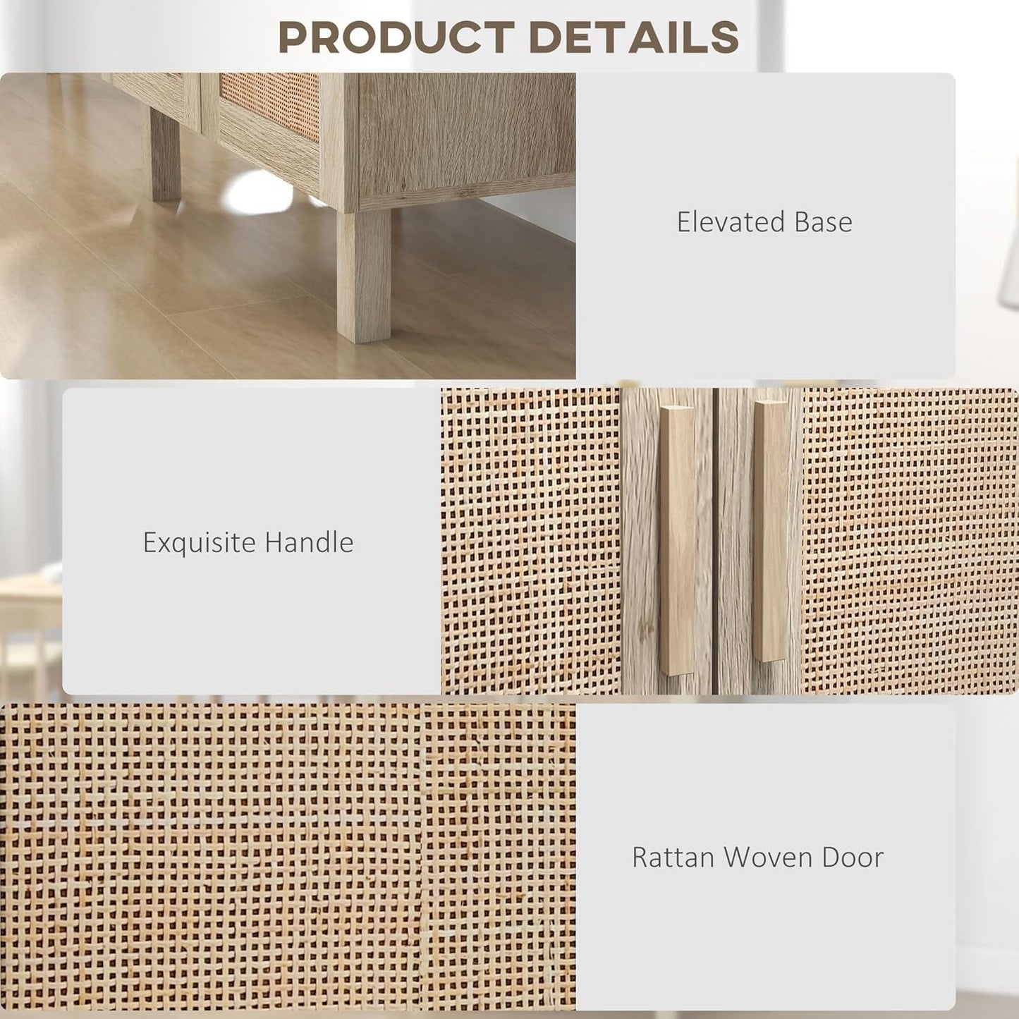 Sideboard Buffet Cabinet, Kitchen Cabinet, Coffee Bar Cabinet with 3 Rattan Doors and Adjustable Shelves, White and Natural-4