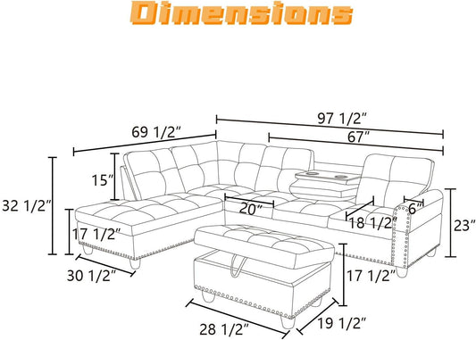 L Shaped Sectional Couch with Otttoman, 97" Sectional Sofa for Living Room Flannel Modular Couches with Cup Holders for Bedroom, Apartments, Grey White-1