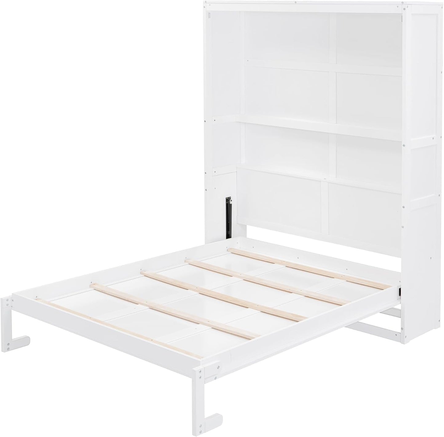 Wooden Queen Murphy Bed with Shelves White-4