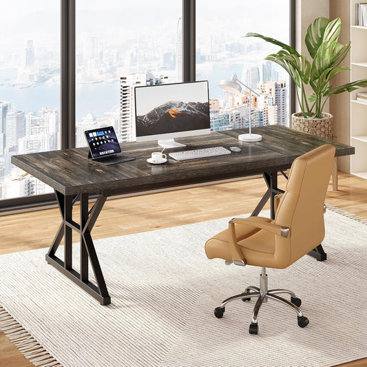 70.8-Inch Large Executive Desk, Extra Long Computer Office Desk Workstation, Modern Simple Style Laptop Table, Sturdy Wooden Writing Workstation for Home Black Oak-1