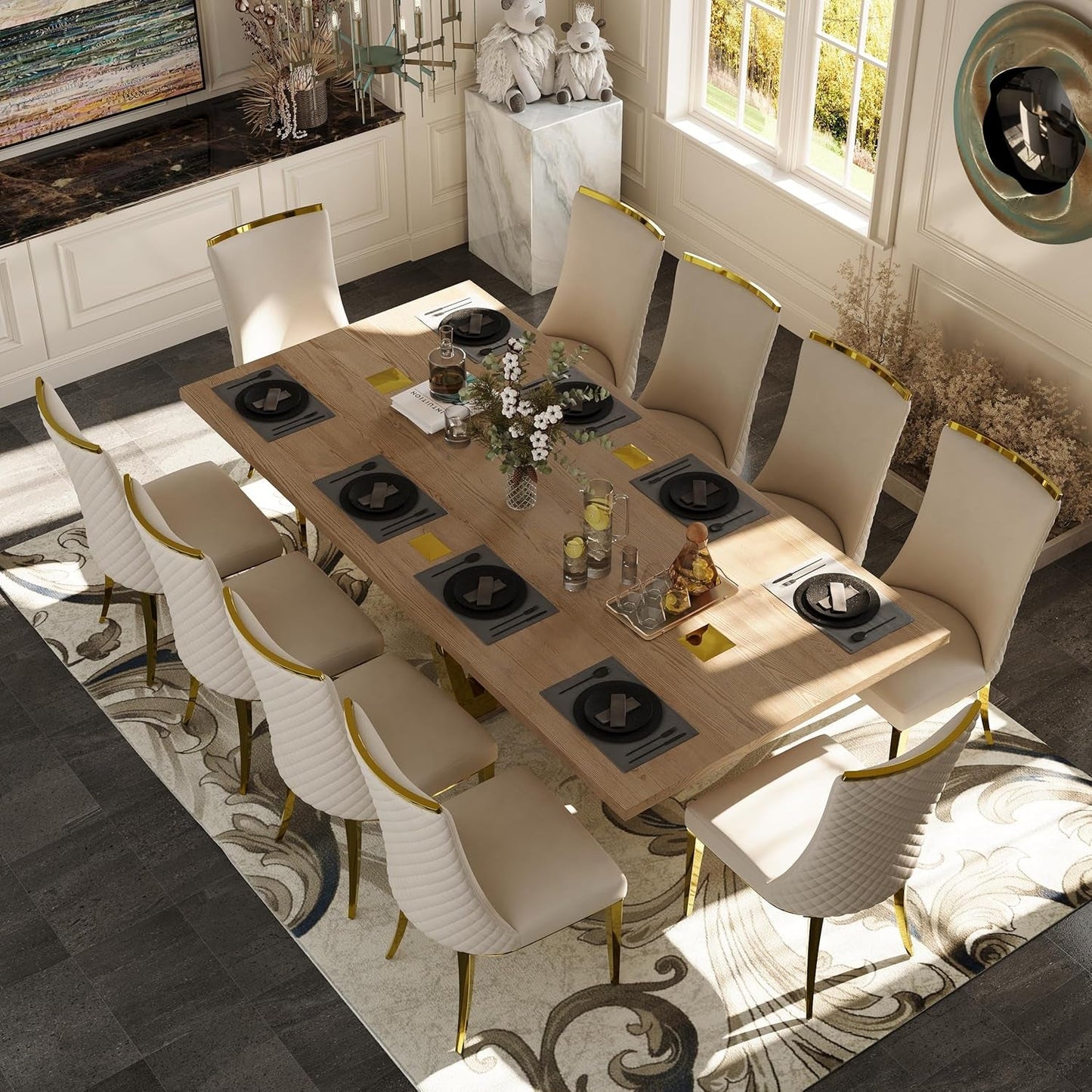 94 Inch Large Walnut Dining Table for 8-10 People, Polished Stainless Steel Tree Fork Legs, Wooden Cross Base, Sturdy and Waterproof, Wooden Dining Table Suitable for Kitchen, Dining Room-4