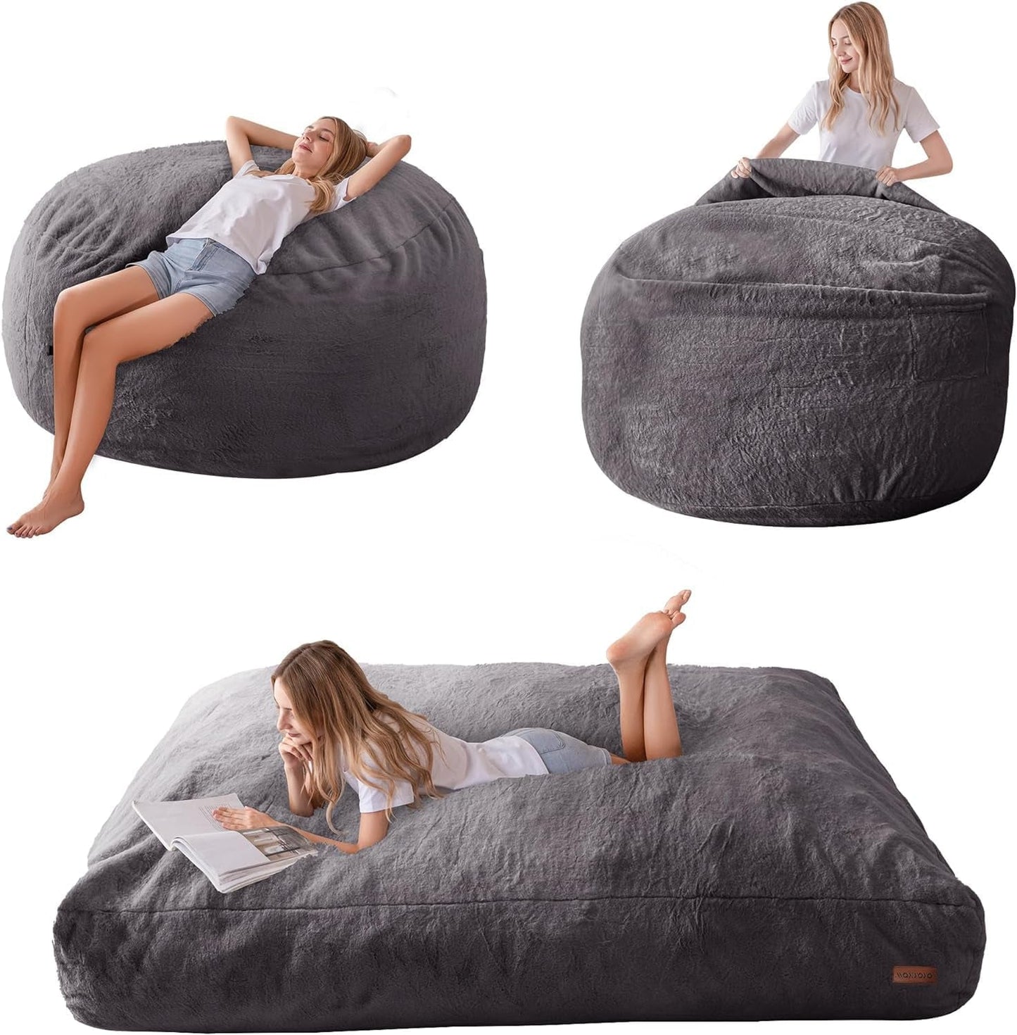 Giant Bean Bag Chair Bed for Adults, Convertible Beanbag Folds from Lazy Chair to Floor Mattress Bed, Large Floor Sofa Couch, Big Sofa Bed, High-Density Foam Filling, Machine Washable-0