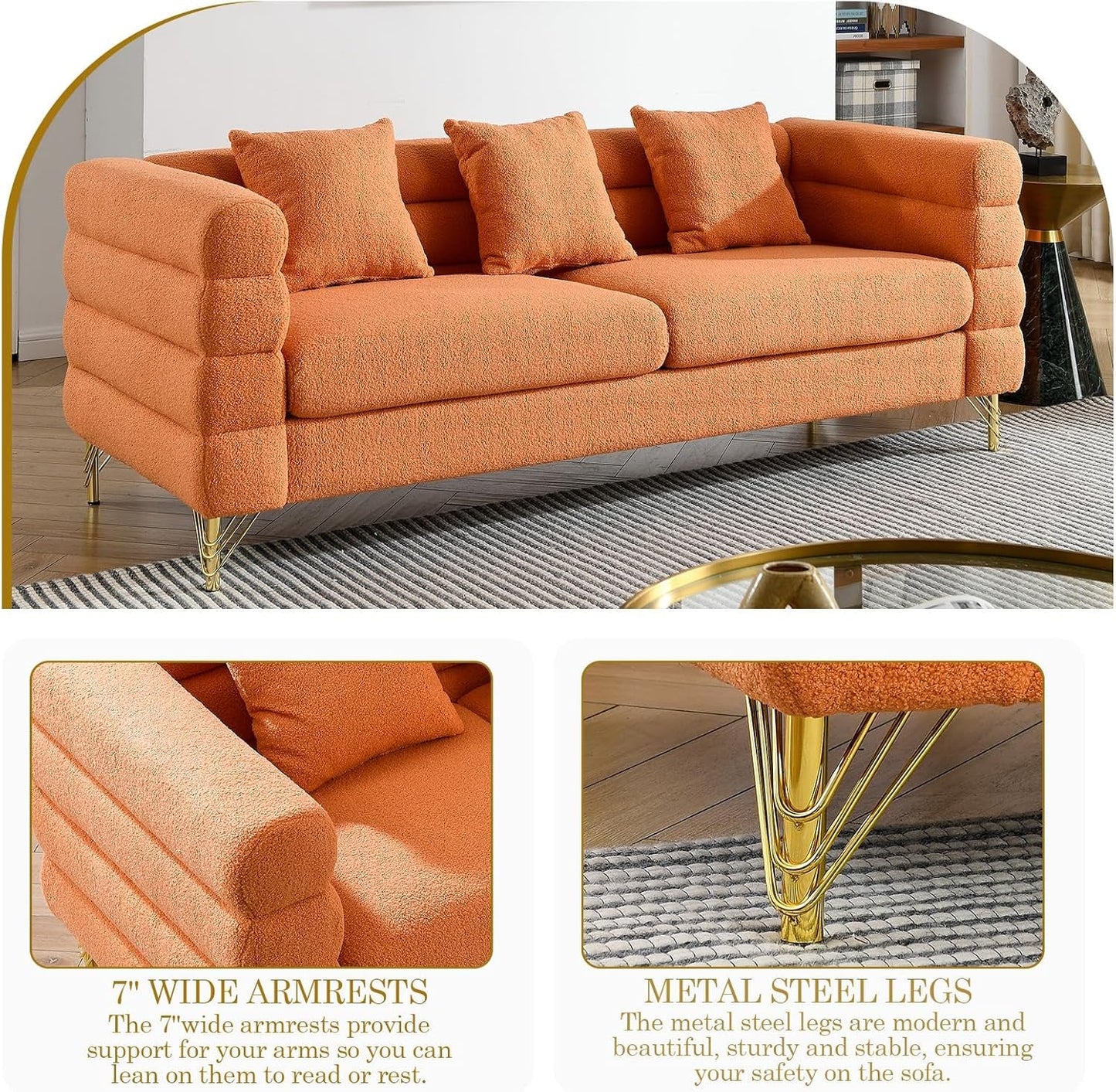 Sofa,Sofa Set of 2,Oversize 2/3 Seater Extra Deep Seat Sofa,Modern Upholstered Futon Sofa Couch, Comfy Teddy Bouclé Cloud Sofa,Furniture for Living Room,Bedroom,Office,Apartment(Orange)-4