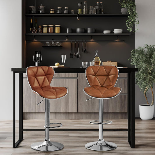 Bar Stools Set of 2, PU Leather Swivel Bar Stools with Shell Back, Armless Counter Height Adjustable Bar Chairs for Home Kitchen, Retro Brown-1