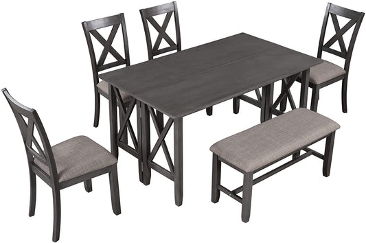 6 Piece Foldable Dining Set for 6 with Bench, Gray-1