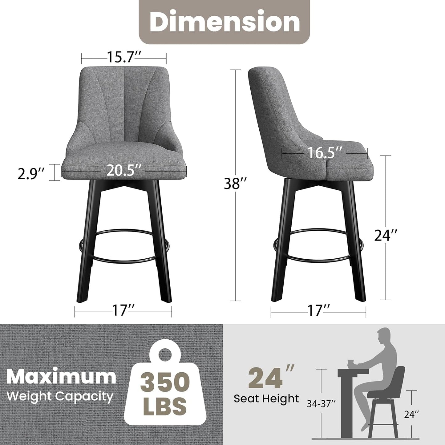 Swivel Bar Stools with Backs, 24" Counter Height Bar Stools Set of 2, Fabric Upholstered Counter Bar Stools with Solid Wood Legs for Kitchen Island, Home Bar, Dark Gray-1