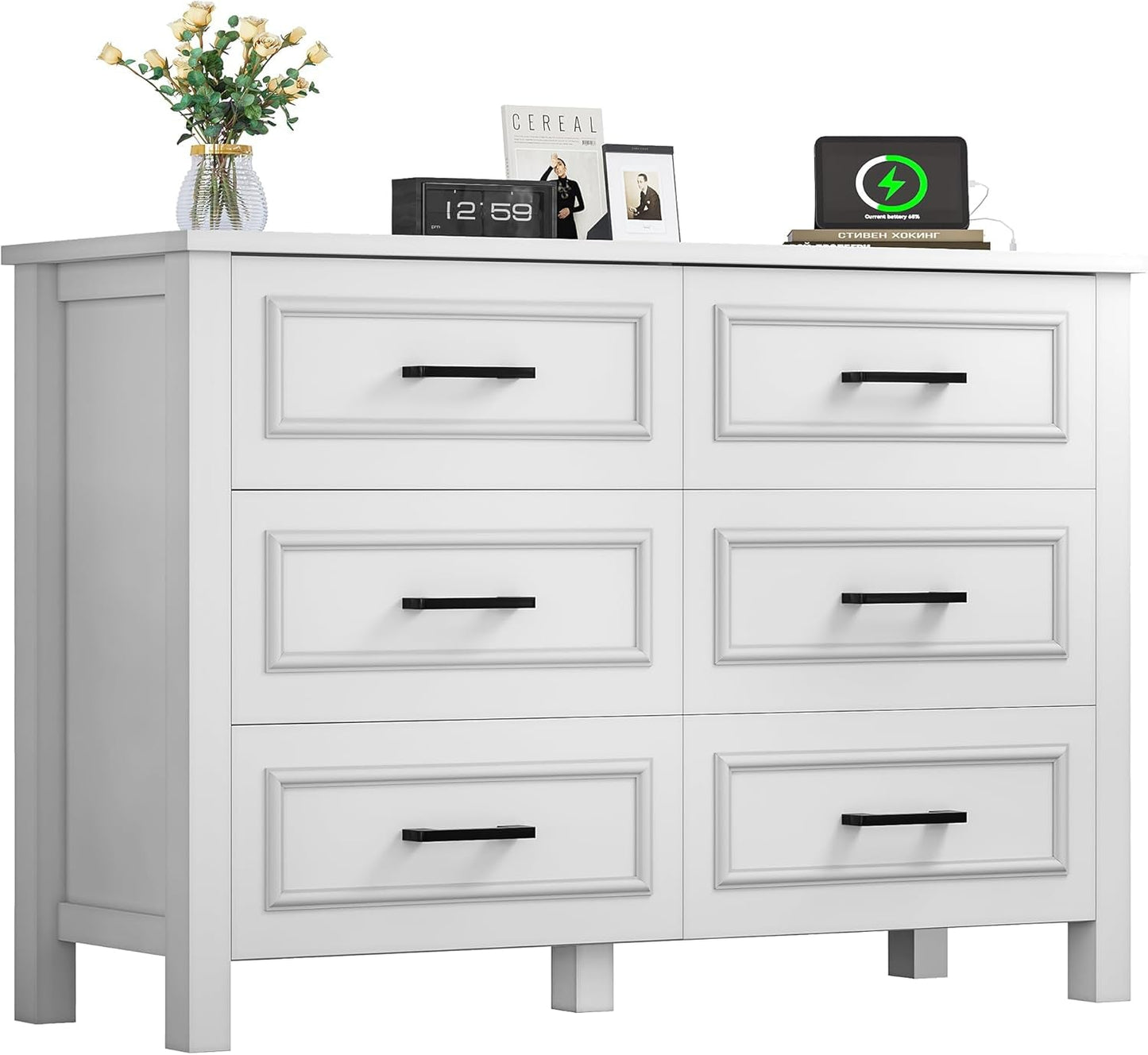 6-Drawer Dresser with Built-In Power Outlet, Wood Dresser TV Stand with 6 Large Drawers and Bar Handles, White Dresser Chest of Drawers for Living Room, Hallway, Entryway-0