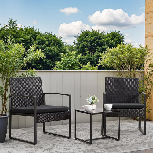 3 Piece Wicker Conversation Bistro Sets Outdoor Patio Set Modern Rattan Chair Furniture Sets with Coffee Table for Yard Garden Porch Lawn (Black)-1