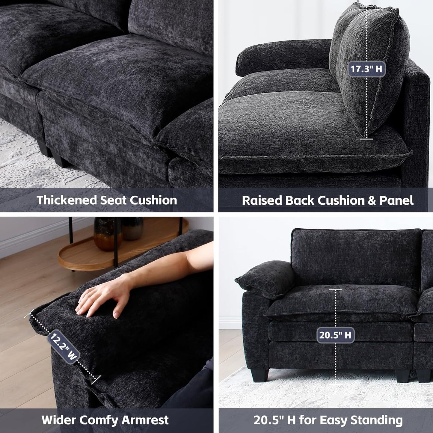 Modular Sectional Sofa Comfy Cloud Couch, U Shaped 4 Deep Seat Sofa Couch with 2 Ottoman, 157" Oversized Soft Modern Couches Set for Living Room, Chenille, Black, MT001-4