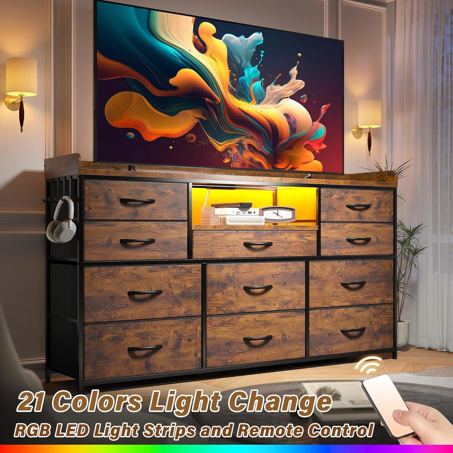 Dresser TV Stand with 11 Drawers for 60" TV Stand for Bedroom with LED Lights & Power Outlets Long Dresser for Bedroom with Shelves & 4 Hooks, Sturdy Metal Frame & Thick Wood Top, Rustic Brown-4