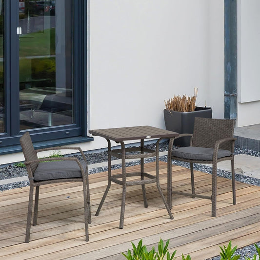 3 PCS Rattan Wicker Bar Set with Wood Grain Top Table and 2 Bar Stools for Outdoor, Patio, Poolside, Garden, Grey-1