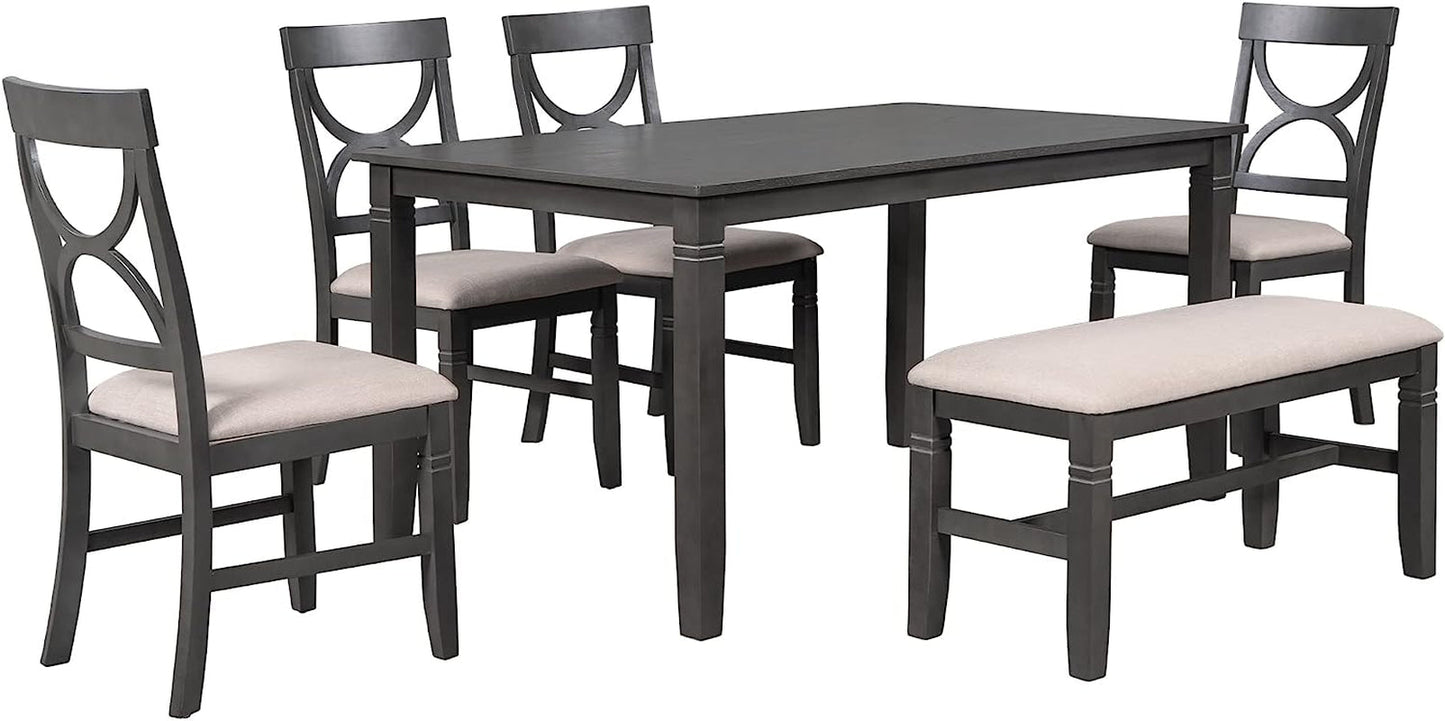 6-Piece Wood Dining Table Set with Upholstered Bench and 4 Chairs-4