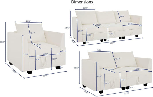 Elizabeth Modern Linen Living Room Furniture Sets - 3 Pieces Sofa, Loveseat and Armchair - Muebles Para La Sala Juegos Living Room Set - Modular Sofa Sectional Couch Set - White-1
