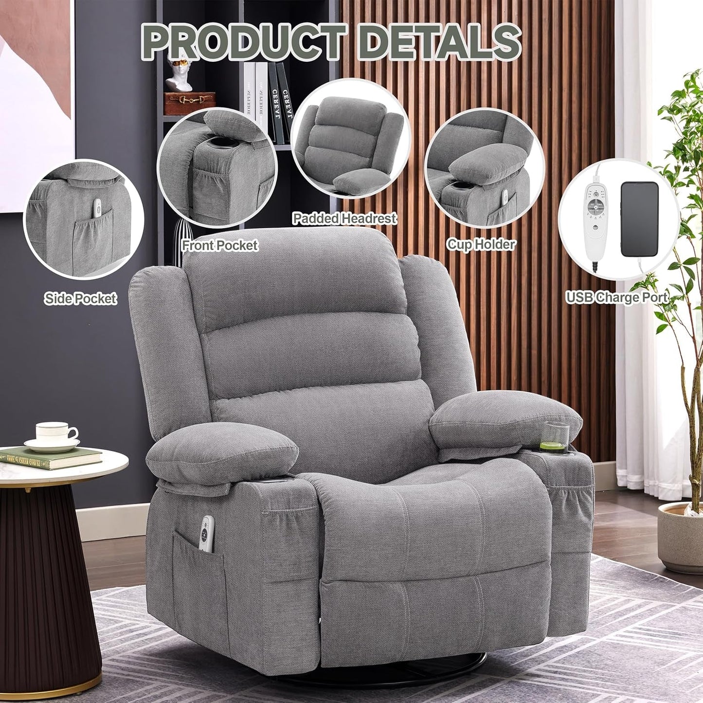 Rocker Recliner Chair with Heat and Massage, 360° Swivel Recliner Chairs for Adults, Oversized Recliner Single Sofa Seat with Cup Holders, Lazy Boy Recliner Single Sofa Seat, Grey-4