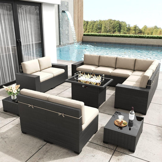Patio Furniture Set with Fire Pit Table, 13 Pieces Outdoor All-Weather Wicker Conversation Sectional Chair Sofa Set-1
