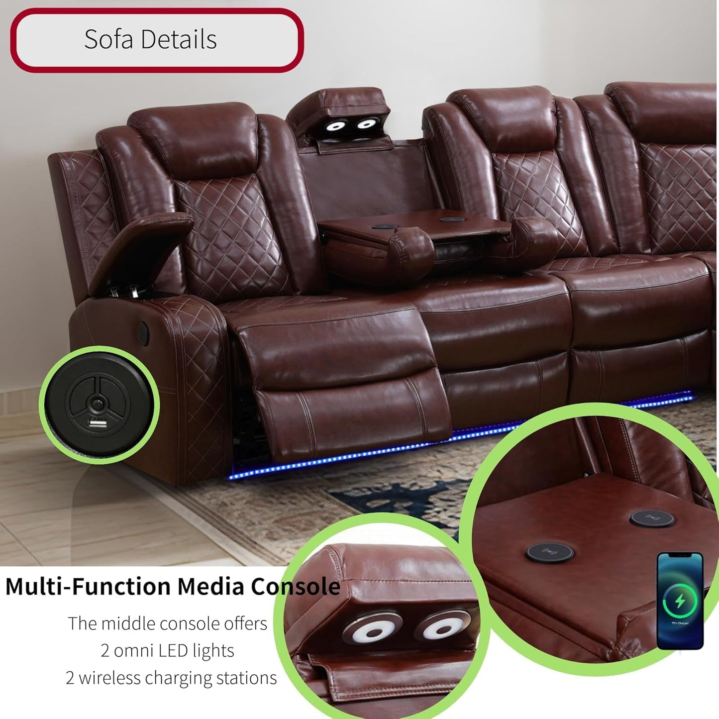 Power Recliner Sofa Sectional Sofa with LED Light for Living Room, Air Leather Reclining Corner Sectional Sofa Set, Cup Holder, Storage Console for Home Theater Seating (Burgundy, Sectional)-2