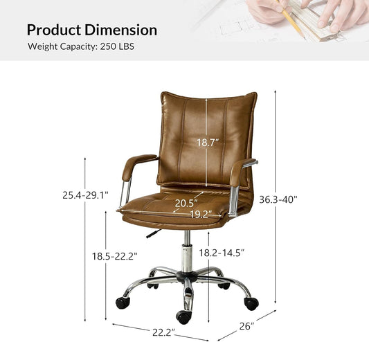 Faux Leather Home Office Desk Chair, Adjustable Swivel Computer Chair with Sliver Legs and Arms, Comfy Upholstered Task Chair(Brown)-1