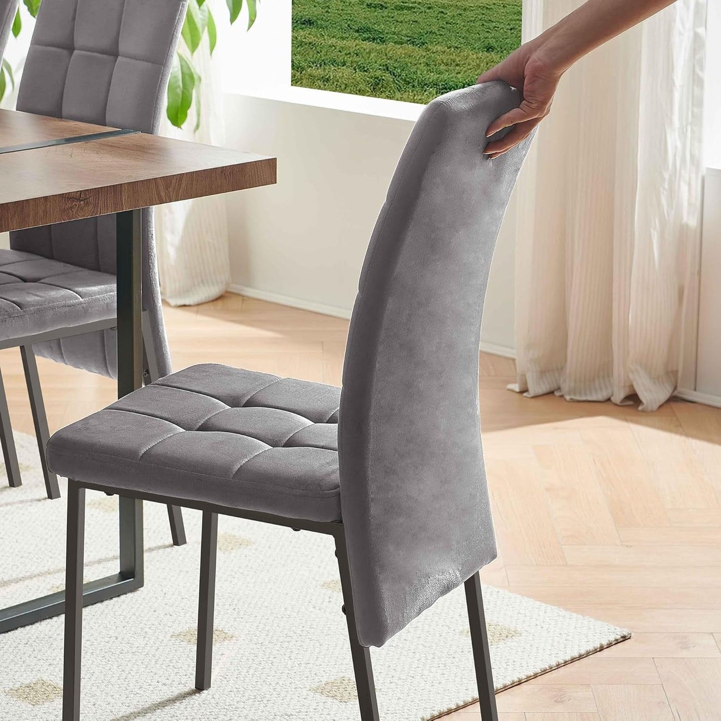 Upholstered Velvet Dining Chairs Classic Kitchen High Back Chairs Set of 4, Featured Dovetail Tufted Side Chairs, Black Metal Legs, Grey-3
