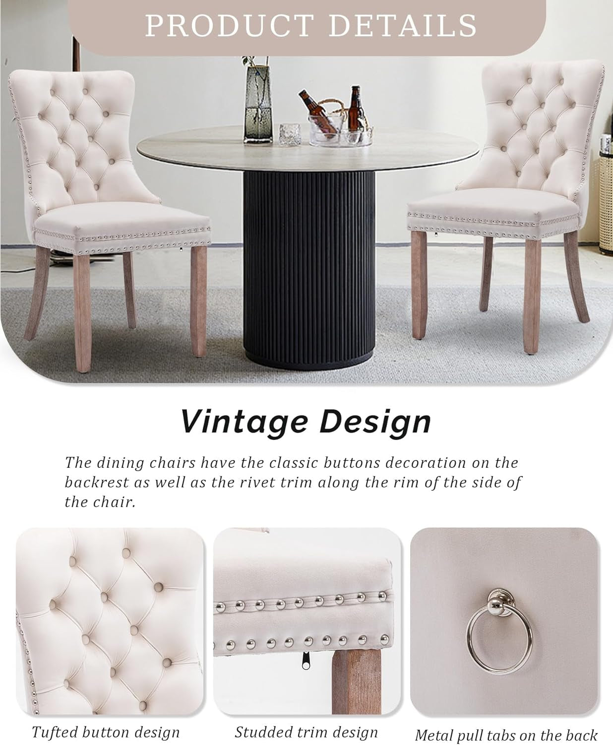 Velvet Dining Chair Set of 2 Upholstered Tufted Dining Room Chair with Nailhead Trim and Solid Wood Legs for Kitchen, Restaurant,Beige-4