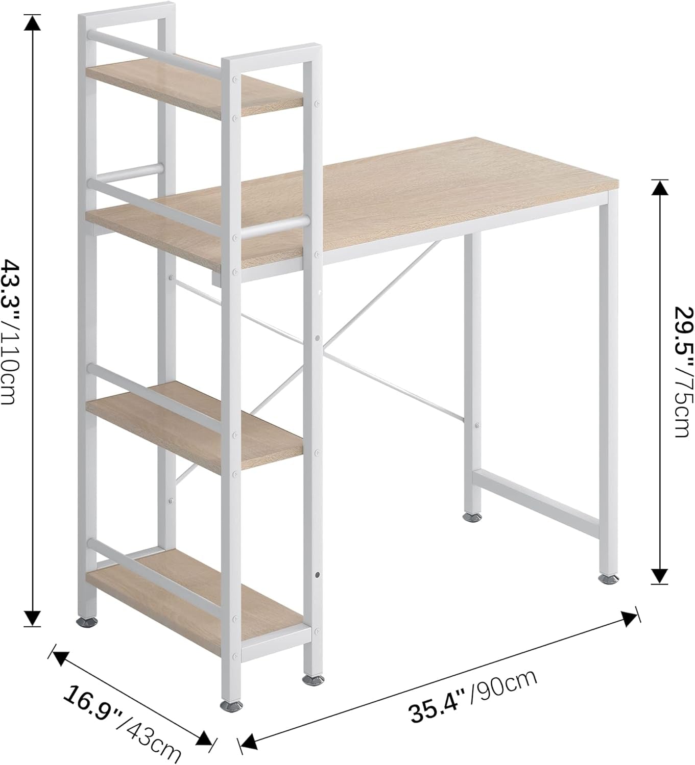 35" Small Computer Desk with 4-Tier Bookshelf, Home Office Desk Writing Workstation Study Table Multipurpose for Small Space Work - Natural and White-2