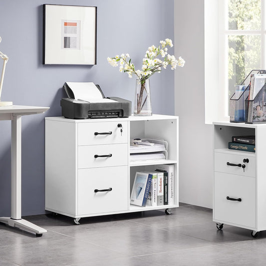 3-Drawer File Cabinet, Mobile Lateral Filing Cabinet Printer Stand with Open Storage Shelves under Desk Organization for Home Office, White-1