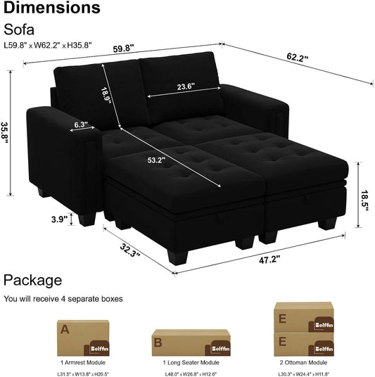 Velvet Modular Sectional Sofa Couch with Storage Convertible Sectional Sleeper Sofa Couch Bed Set with Reversible Chaise Black-1
