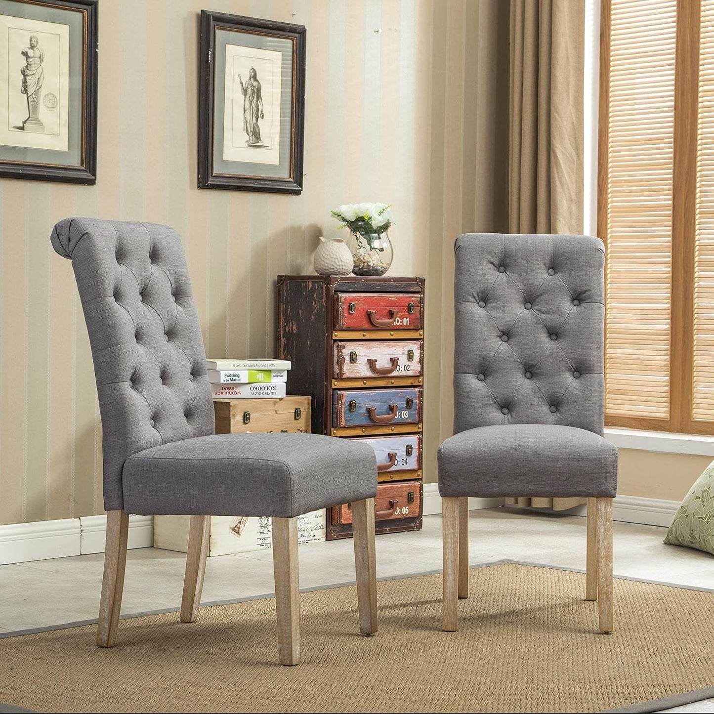 Habit Grey Solid Wood Tufted Parsons Dining Chair (Set of 2), Gray-2