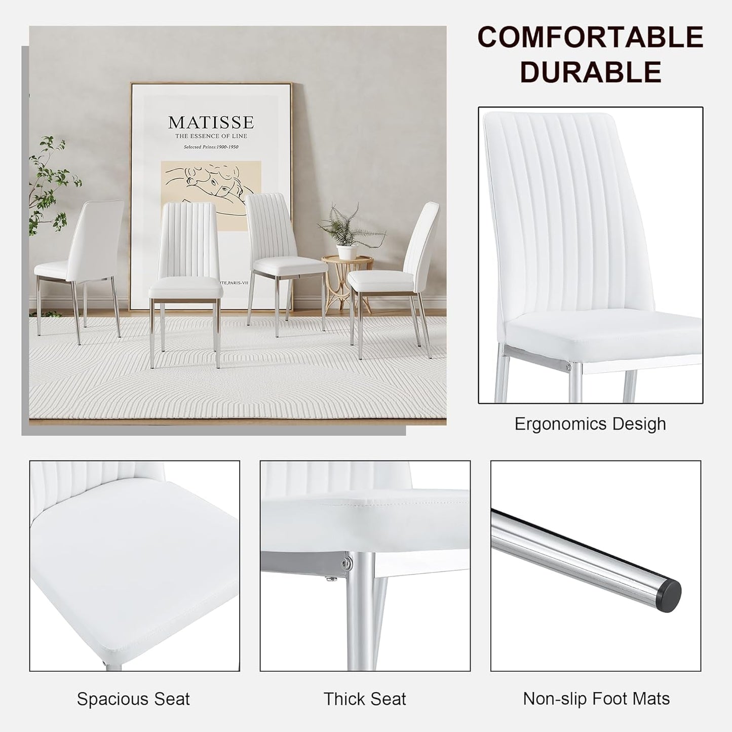 White Leather Chair, Modern Dining Chair Set of 4 with PU Leather and Chrome Leg, Sillas De Comedor with High Back for Dining Room, Kitchen, Living Room (WH-4)-4