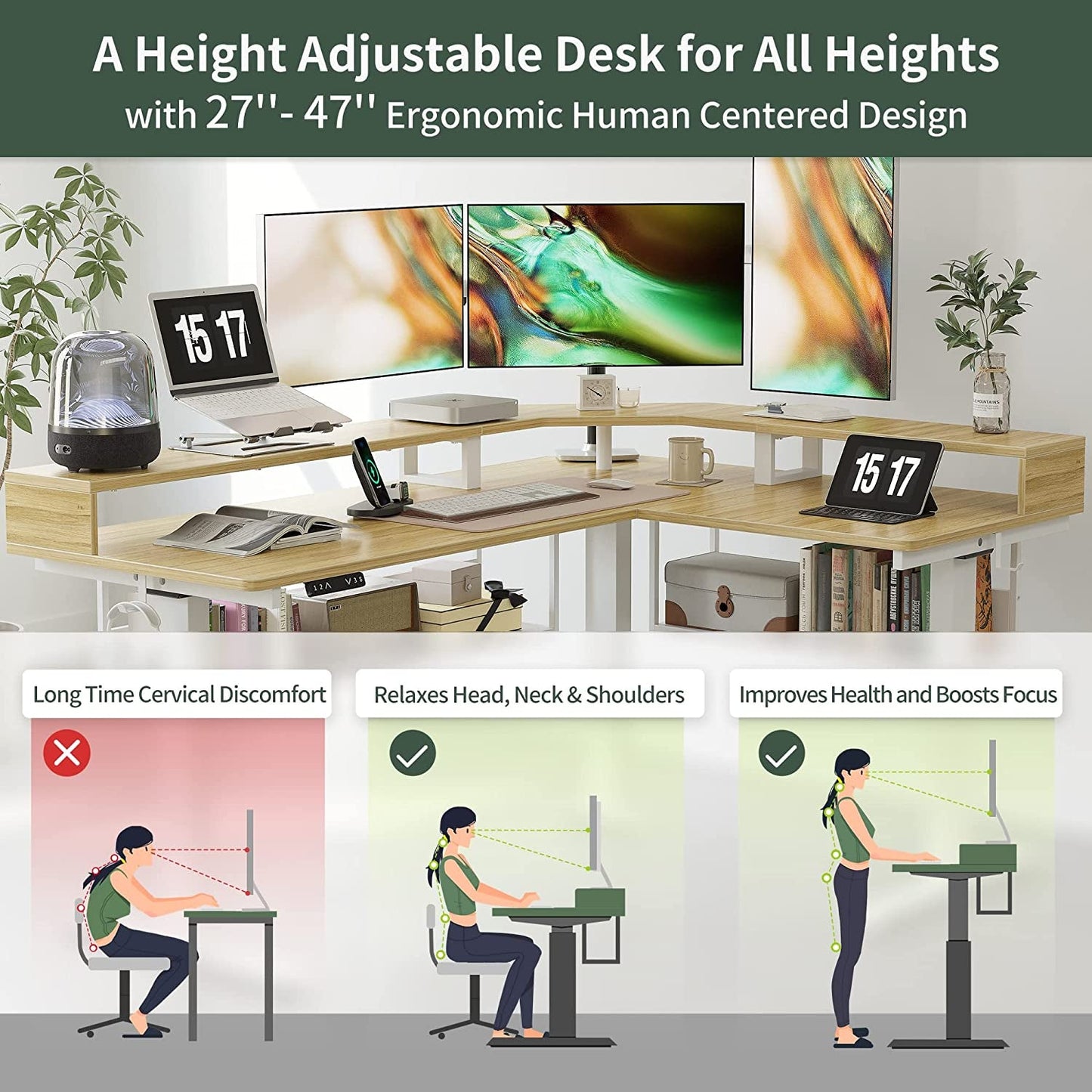 L-Shaped Standing Desk with Shelves, Triple Motors, Oak-4