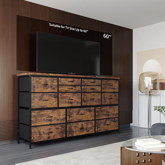 60" TV Stand Dresser TV Stand with Charging Station TV Stands for Living Room Long Dresser for Bedroom TV Stand with 16 Drawers Storage TV Stand for Bedroom Dresser 51.1''W*11.8''D*34.8''H-1