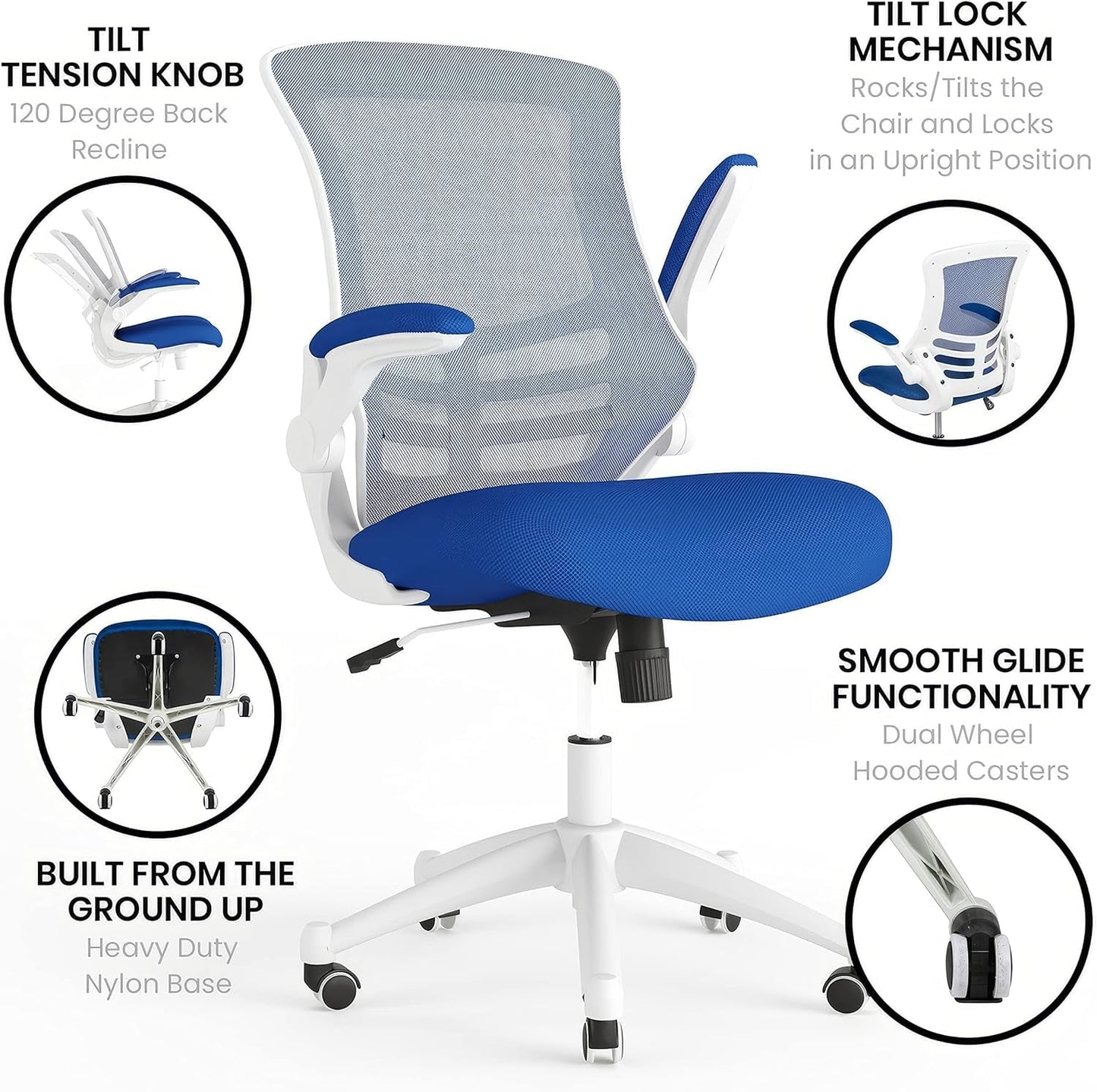 Kelista Office Chair, Ergonomic, Mid-Back, White Frame, Blue Mesh with Swivel-3