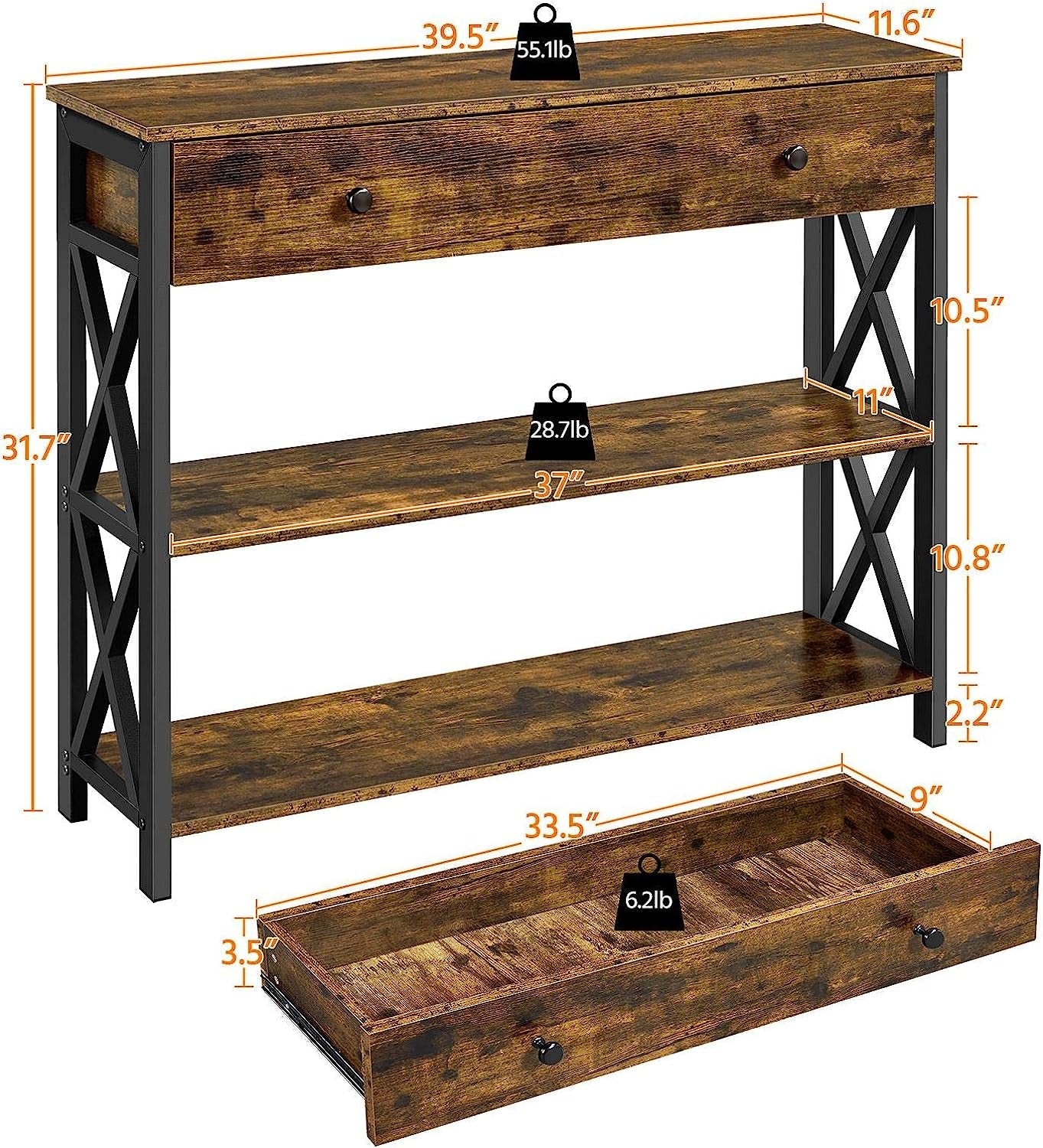 Rustic Brown Industrial Console Table with Drawer-2