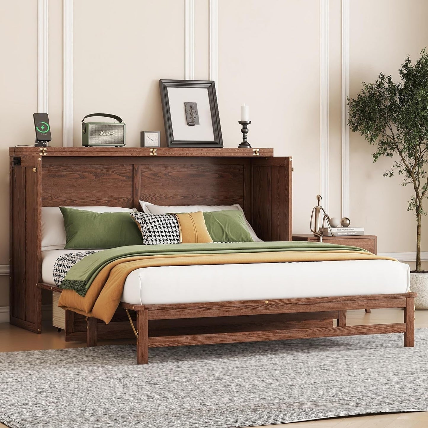 Walnut Queen Murphy Bed Cabinet USB Charging-4