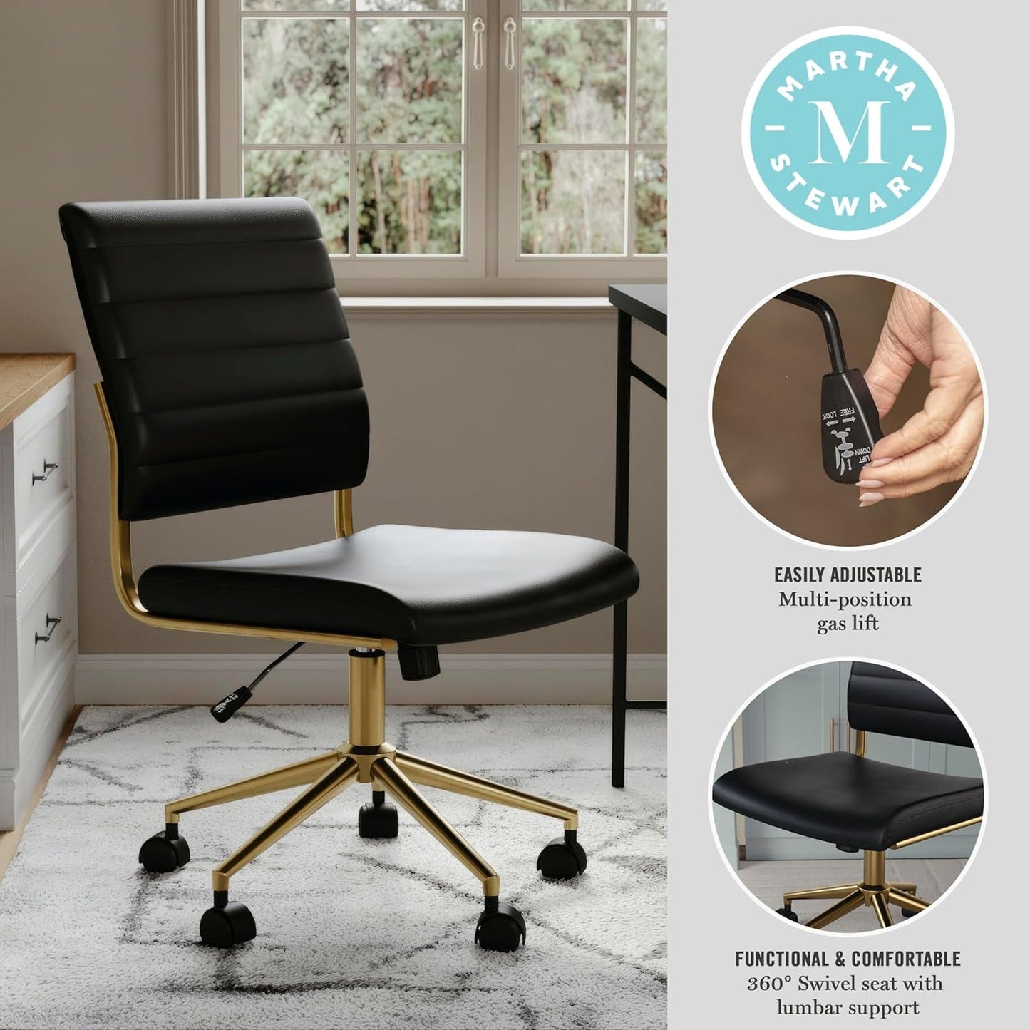 Ivy Armless Swivel Task Chair for Home Office in Black Faux Leather with Polished Brass Frame-3