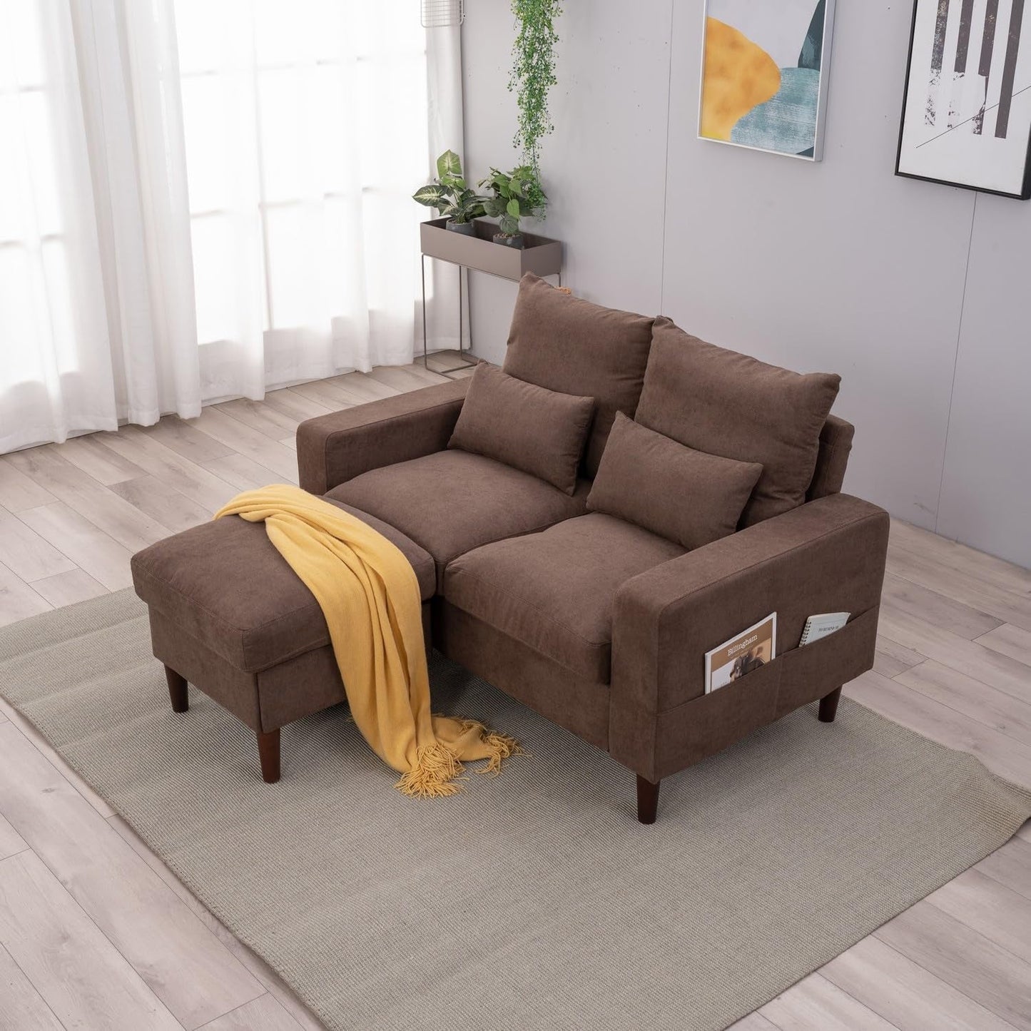 Modern Sofa Set 2 3 Seater with Footstool Sofa Suite Convertible Sectional Furniture for Living Room (Brown, 2 Seater with Footstool)-4