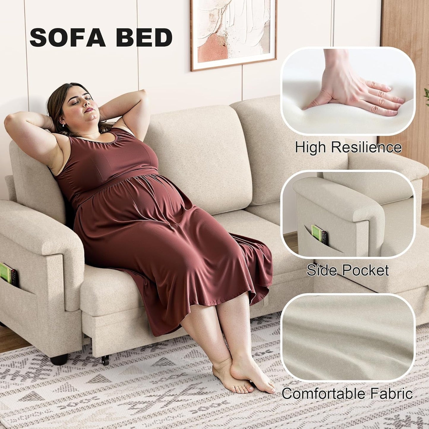 Sleeper L-Shaped Couch Sofa Bed Convertible Sectional Pull Out Couches,With Storage Space,For Living Room,Cotton(Beige)-4