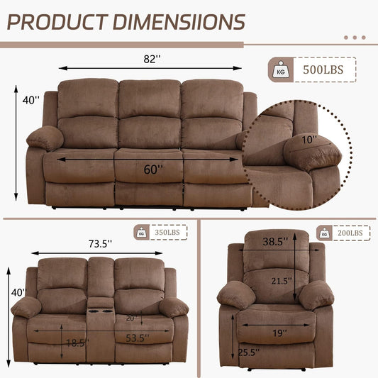 Recliner Sofa Set Living Room Furniture, Corduroy Fabric Reclining Sofa Set, Recliner Couch Set with Cup Holders for Office Home (Sofa and Chair Set, Brown)-1