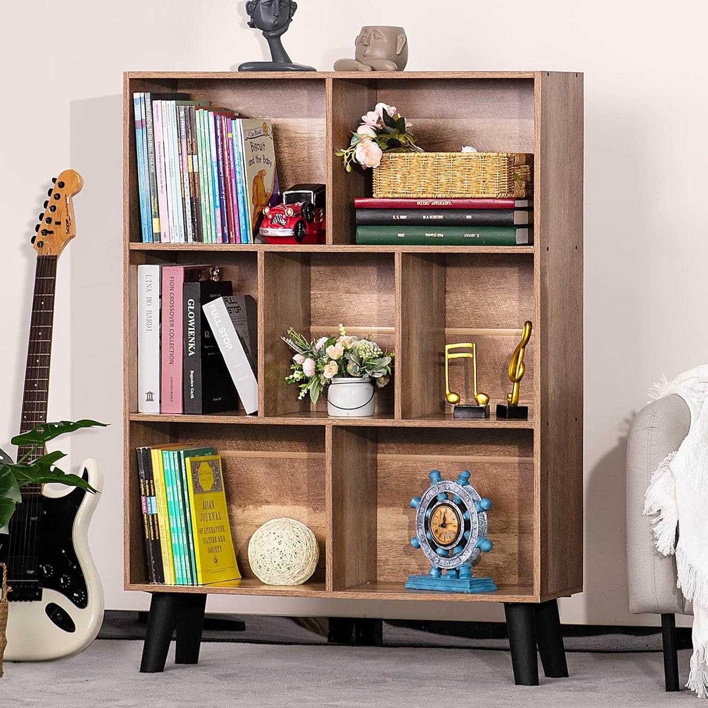 7 Cube Bookshelf 3 Tier Modern Bookcase with Legs,Wood Book Shelves Storage Organizer Shelf,Free Standing Bookcases,Oak Display Bookshelves-4