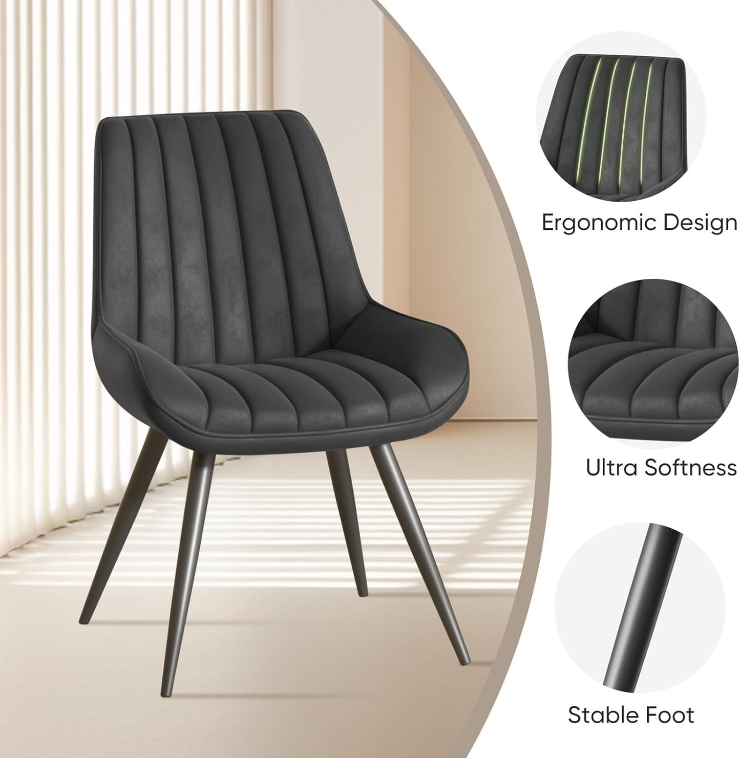 Modern Dining Chairs Set of 4, Comfy Dining Room Chairs with Thick Cushions, Upholstered Fabric Kitchen Side Chairs with Metal Legs, Black-2