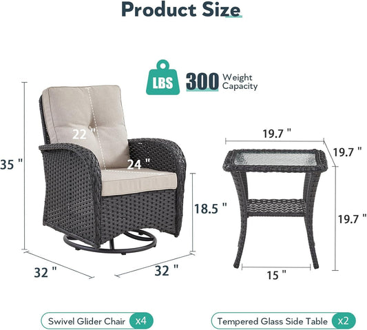 Outdoor Swivel Glider Rocker Chairs Set of 4 - Wicker Patio Furniture Set All Weather Patio Conversatio Sets with 2 Tempered Glass Side Table for Deck Backyard - Black Wicker Beige Cushion-1