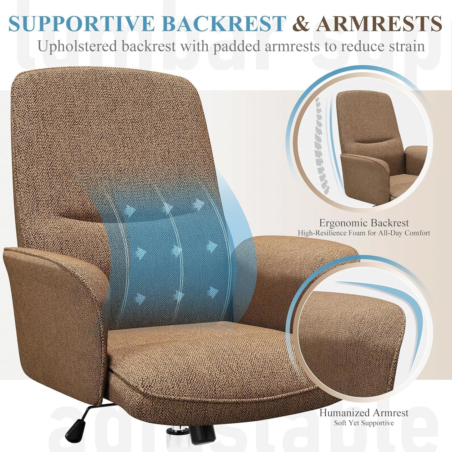 Comfy Office Desk Chair, Upholstered Fabric Computer Desk Chair, Criss Cross Chair with Wheels and Armrests, Swivel Adjustable Vanity Chair for Home, Makeup, Office, Bedroom, Camel-3