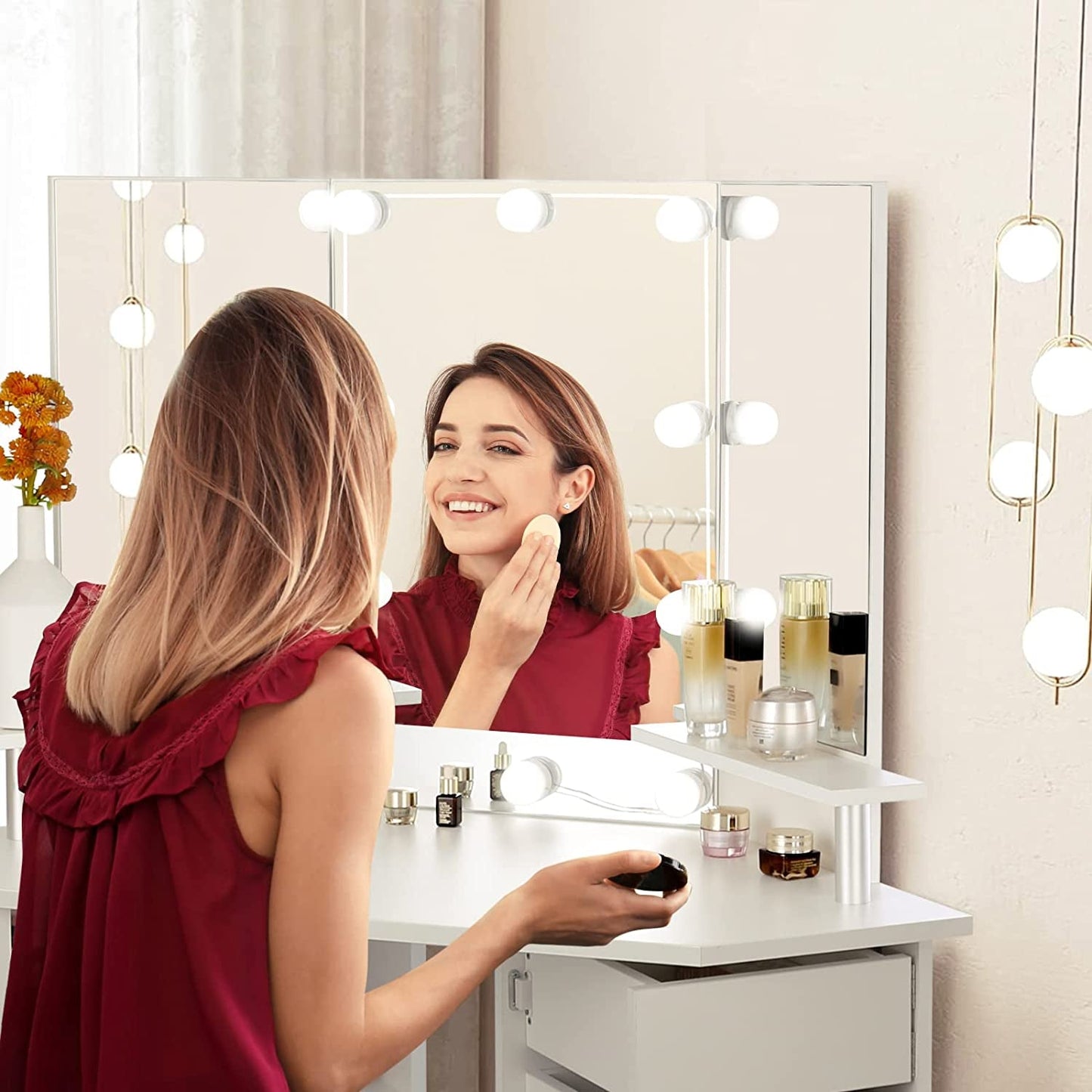 Corner Vanity Desk with Lights and Drawers-4
