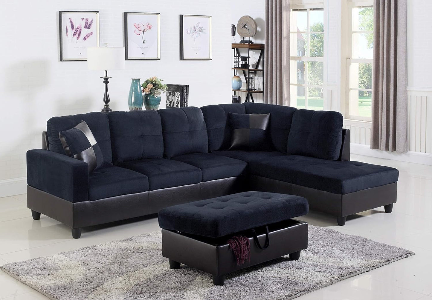 3-Piece Contemporary Sectional Sofa with Chaise and Storage Ottoman for Living Room Furniture | Faux Leather & Microfiber Upholstery | Removable High Density Memory Foam Cushions (Blue,Right-Facing)-0