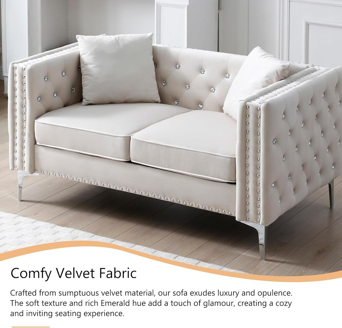 Velvet Upholstered Three-Seater Sofa, 82.3'' Wide Beige Velvet 3-Seat Sofa with Jeweled Buttons, Square Arm, Two Pillows Included for Living Room, Office-4