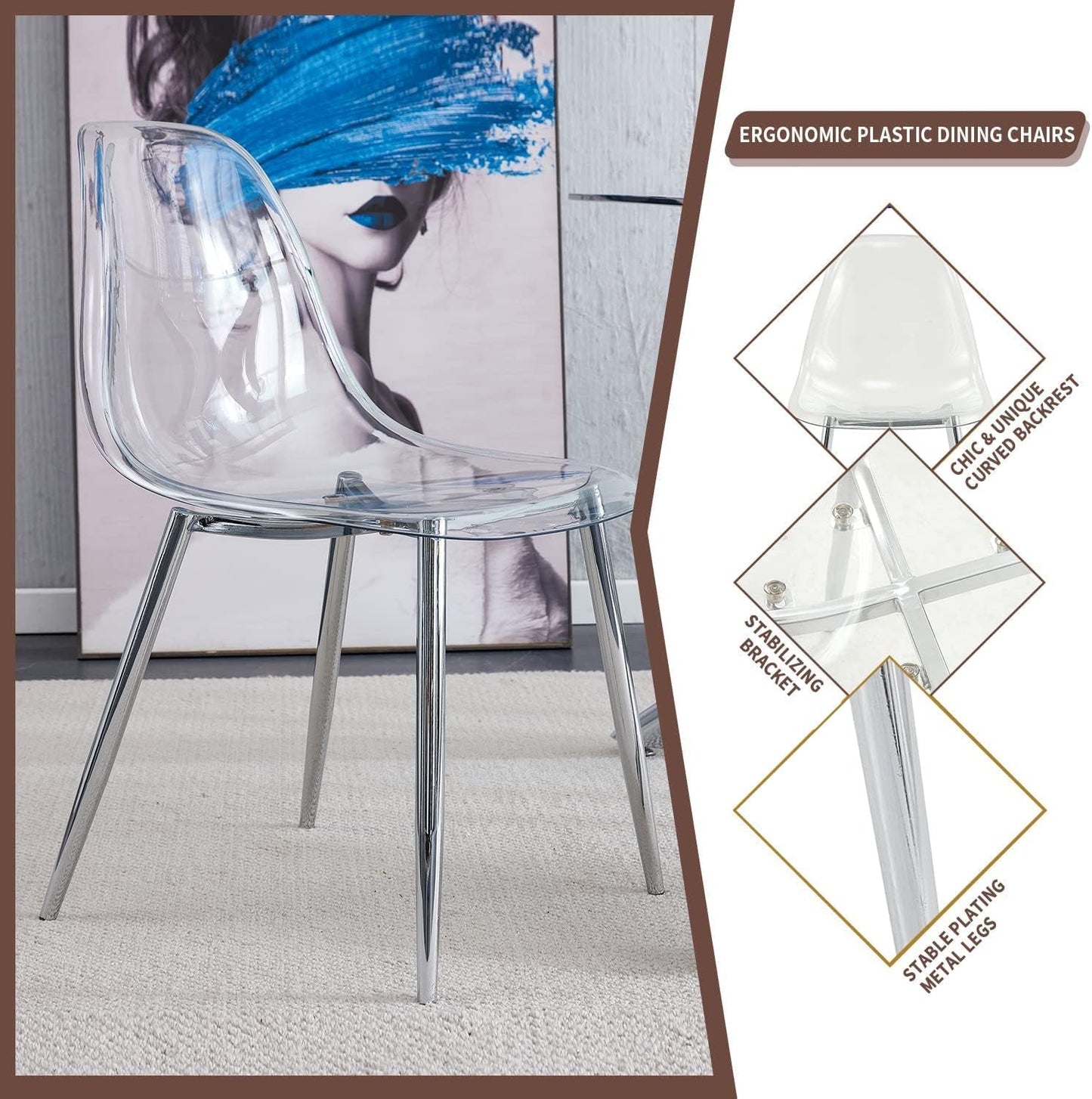 Clear Dining Chairs Set of 4, Modern Kitchen Chairs with Transparent Seat, Acrylic Accent Side Chairs with Metal Legs for Dining Room, Kitchen, Living Room with Silver-4