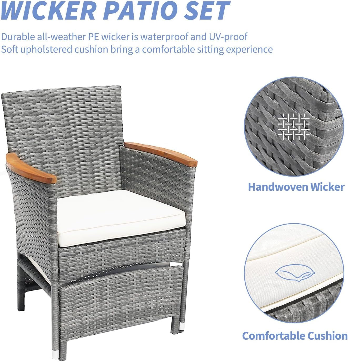 5 Piece Outdoor Patio Furniture Set with Table&Ottoman Outdoor Furniture Patio Set Bistro Wicker Patio Set of 2 outside Lawn Chairs Conversation Sets for Porch Balcony Deck(Gray Wicker&Beige Cushion)-4