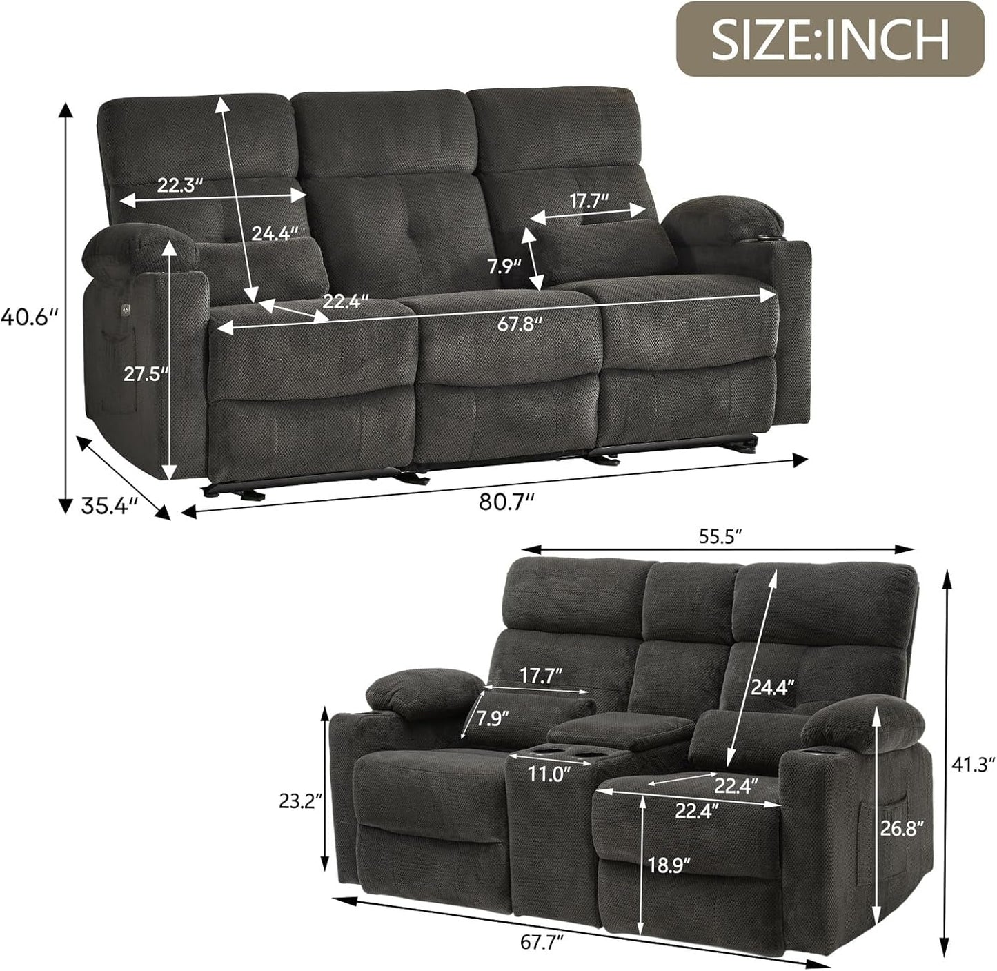 Power Reclining Sofa Set, 2 Pieces Reclining Living Room Set, Power Reclining Sofa and Loceseat Set, Recliner Sofa Set with Massage/Storage/Cup Houlder/Usb Port for Living Room-4